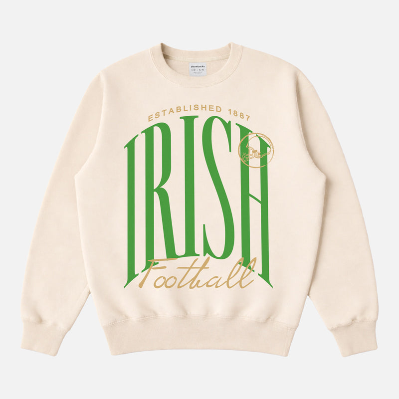 Notre DAme college football sweatshirt with fighting irish green and gold graphic on a premium cream unisex crewneck
