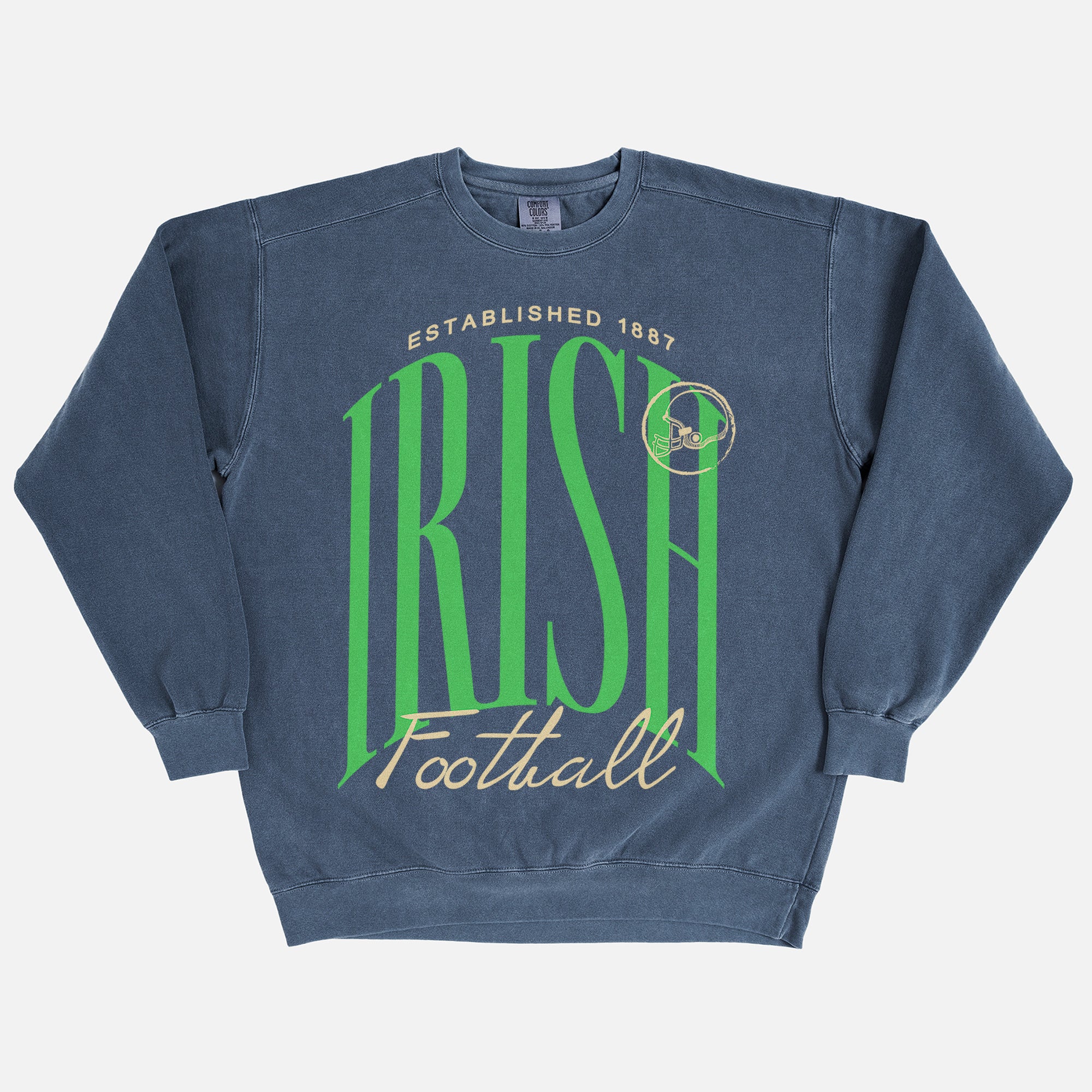 Notre DAme football sweatshirt with fighting irish green and gold graphic on a washed navy premium heavyweight comfort colors crewneck