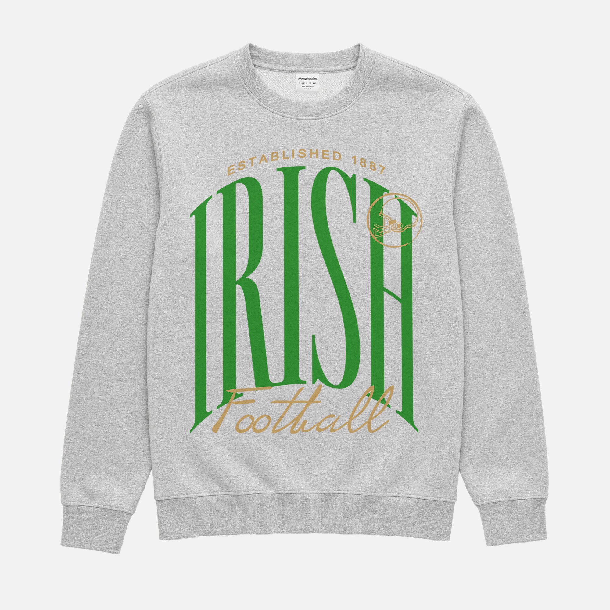 Notre DAme college football sweatshirt with fighting irish green and gold graphic on a premium grey unisex crewneck