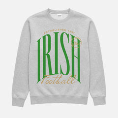 Notre DAme college football sweatshirt with fighting irish green and gold graphic on a premium grey unisex crewneck