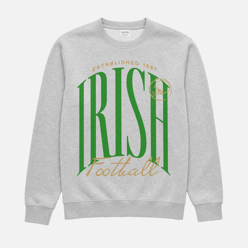 Notre DAme college football sweatshirt with fighting irish green and gold graphic on a premium grey unisex crewneck