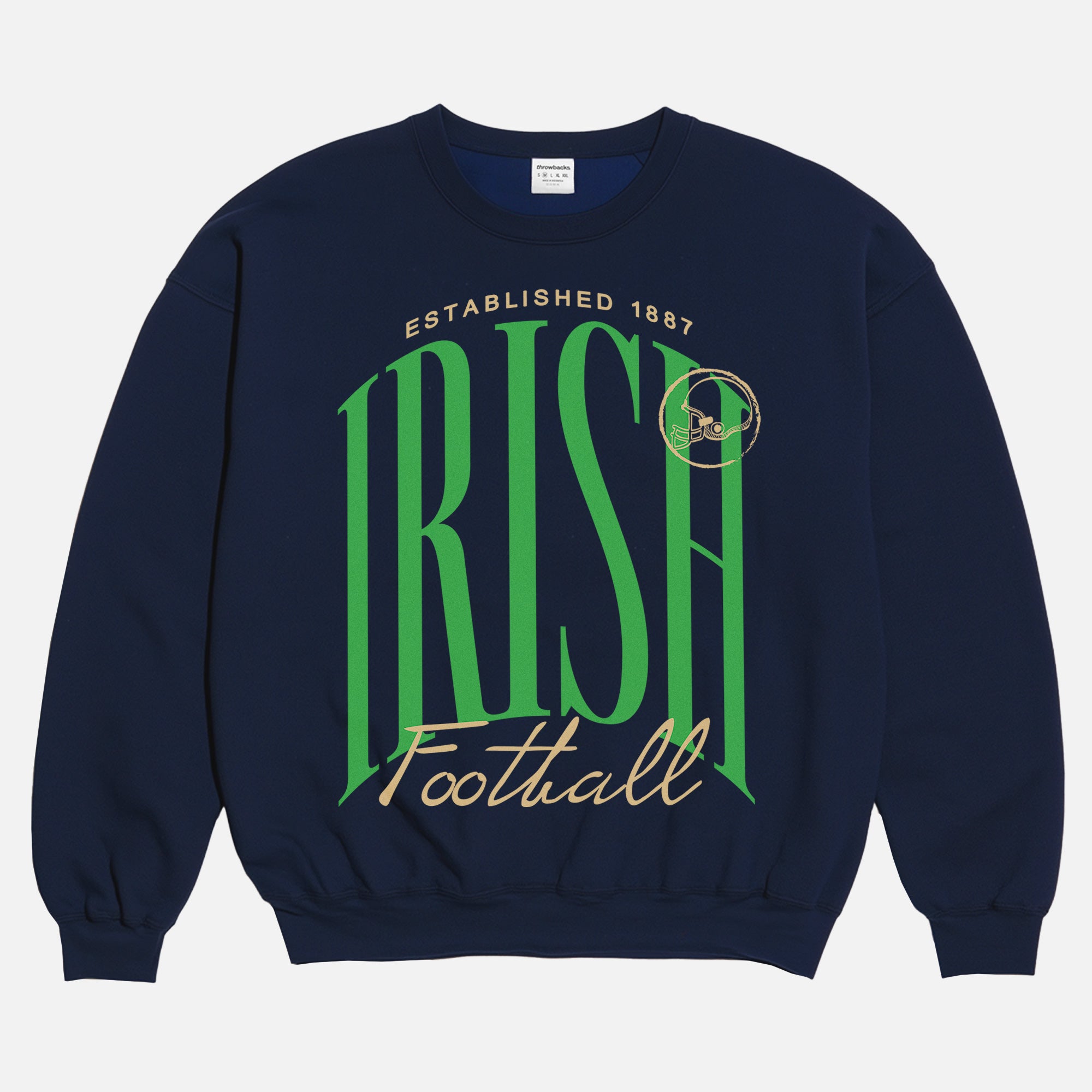Notre DAme college football sweatshirt with fighting irish green and gold graphic on a premium navy unisex crewneck