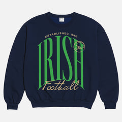 Notre DAme college football sweatshirt with fighting irish green and gold graphic on a premium navy unisex crewneck