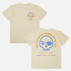 The Goonies Movie graphic t-shirt with One-Eyed Willies treasure hunting Astoria Oregon logo on a unisex beige graphic tee with front and back print
