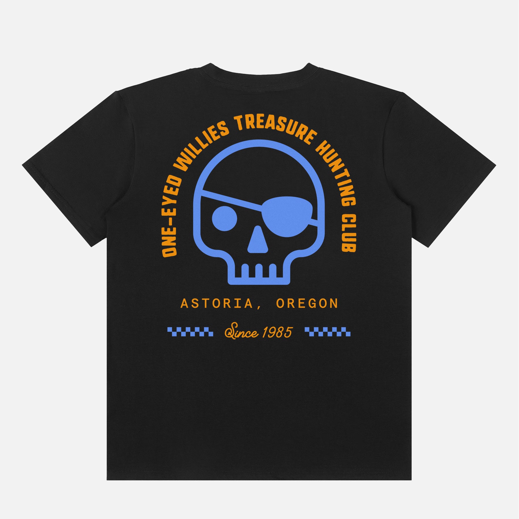 The Goonies Movie graphic t-shirt with One-Eyed Willies treasure hunting Astoria Oregon logo on a unisex white graphic tee with front and back print