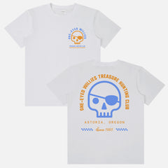 The Goonies Movie graphic t-shirt with One-Eyed Willies treasure hunting Astoria Oregon logo on a unisex white graphic tee with front and back print