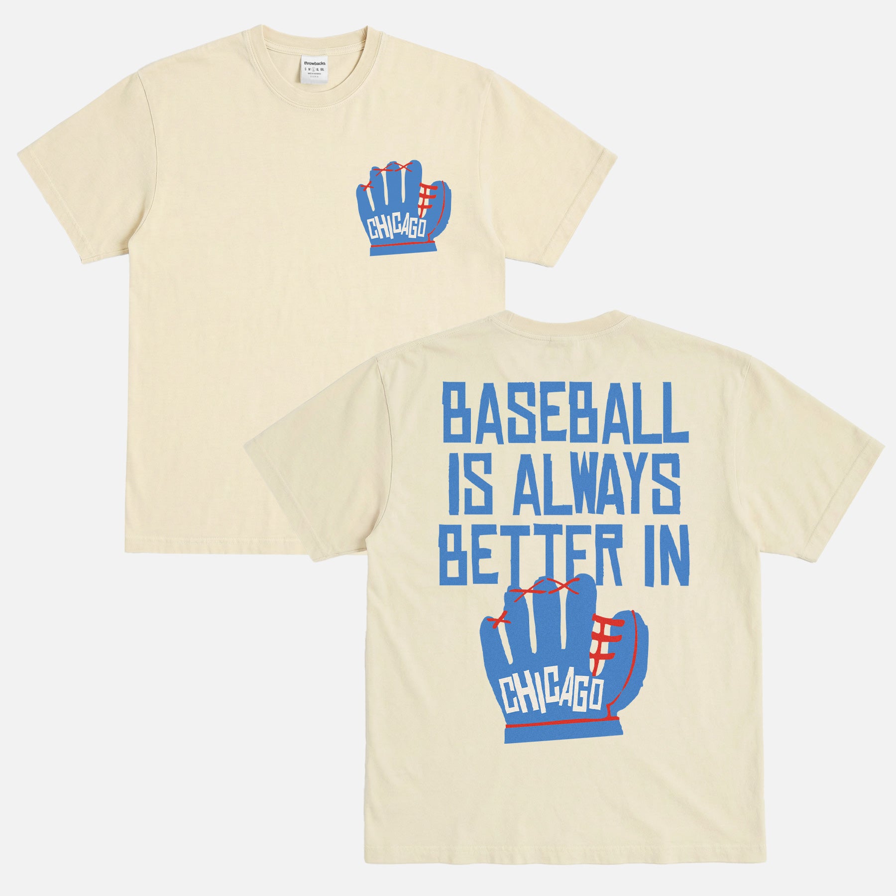Cute vintage Chicago Cubs graphic tee with blue and red baseball glove illustration and front and back print on a unisex off white t-shirt