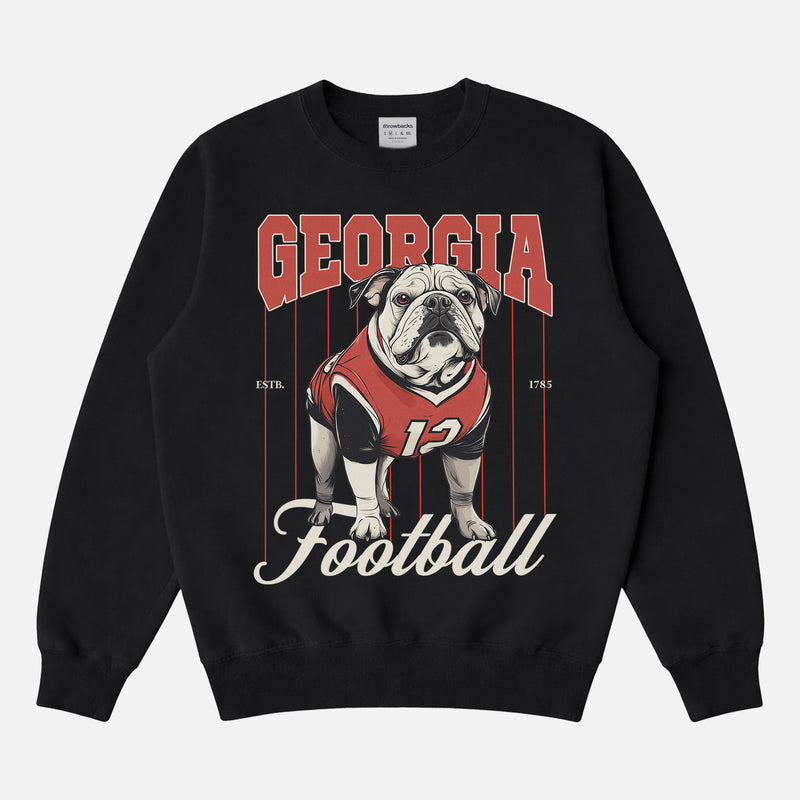 Retro Heavyweight Georgia bulldogs football sweatshirt, cute black crewneck with red pinstripes and Bulldog mascot