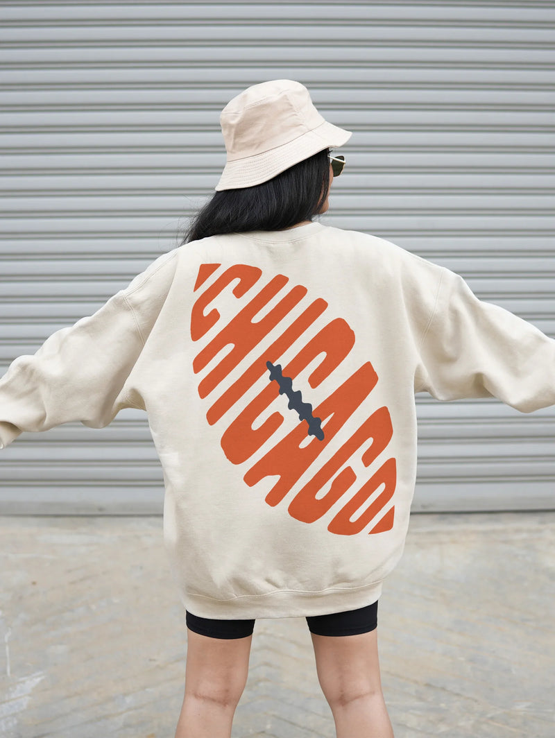 Cute retro heavyweight Chicago Bears sweatshirt, beige and orange vintage bears football crewneck with front and back print