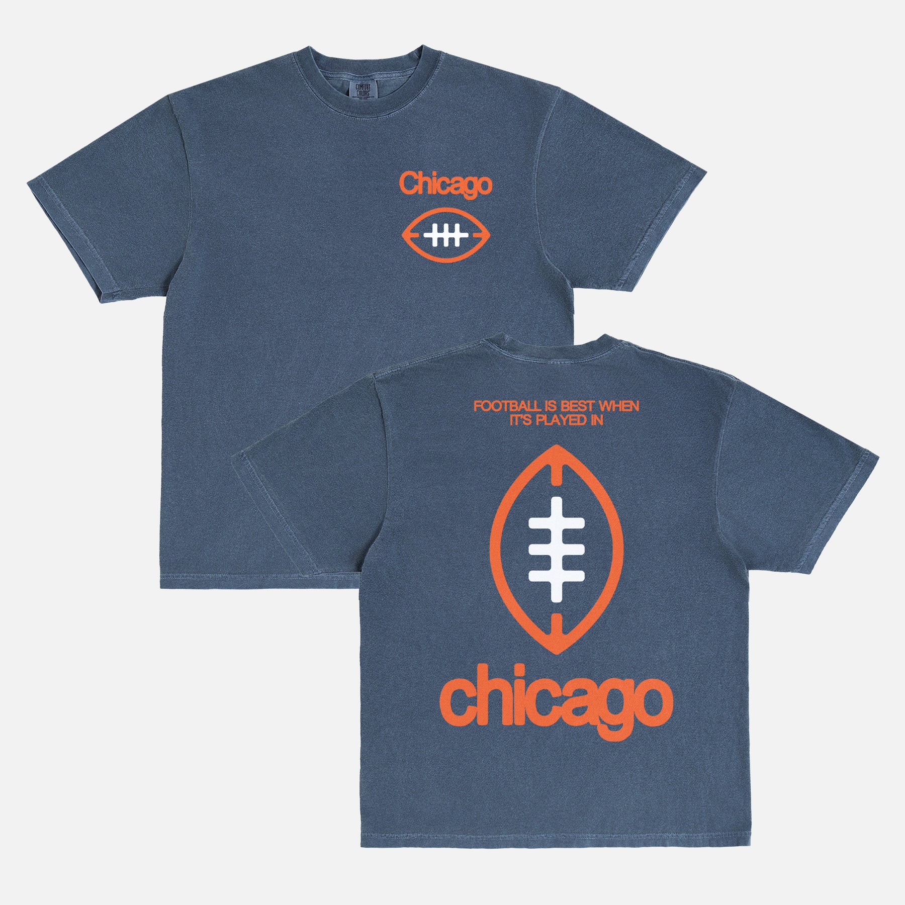 Washed navy blue comfort colors Chicago Football streetwear t-shirt with front and back print and oversized vintage Chicago Bears logo