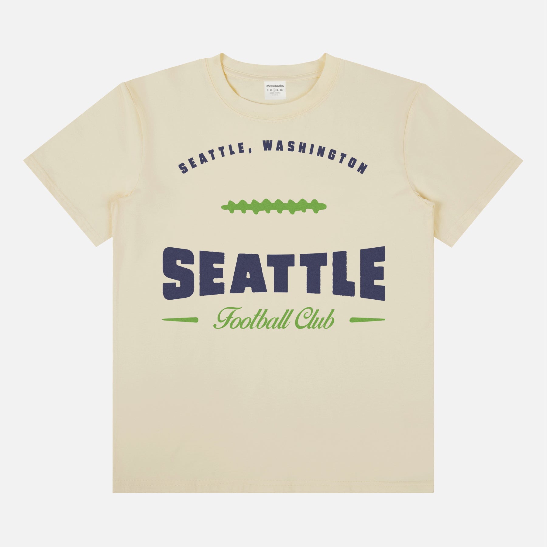 Head to your next Seattle seahawks football game with this vintage  beige, navy blue and lime green graphic tee featuring a retro design printed on a premium unisex bella canvas t-shirt