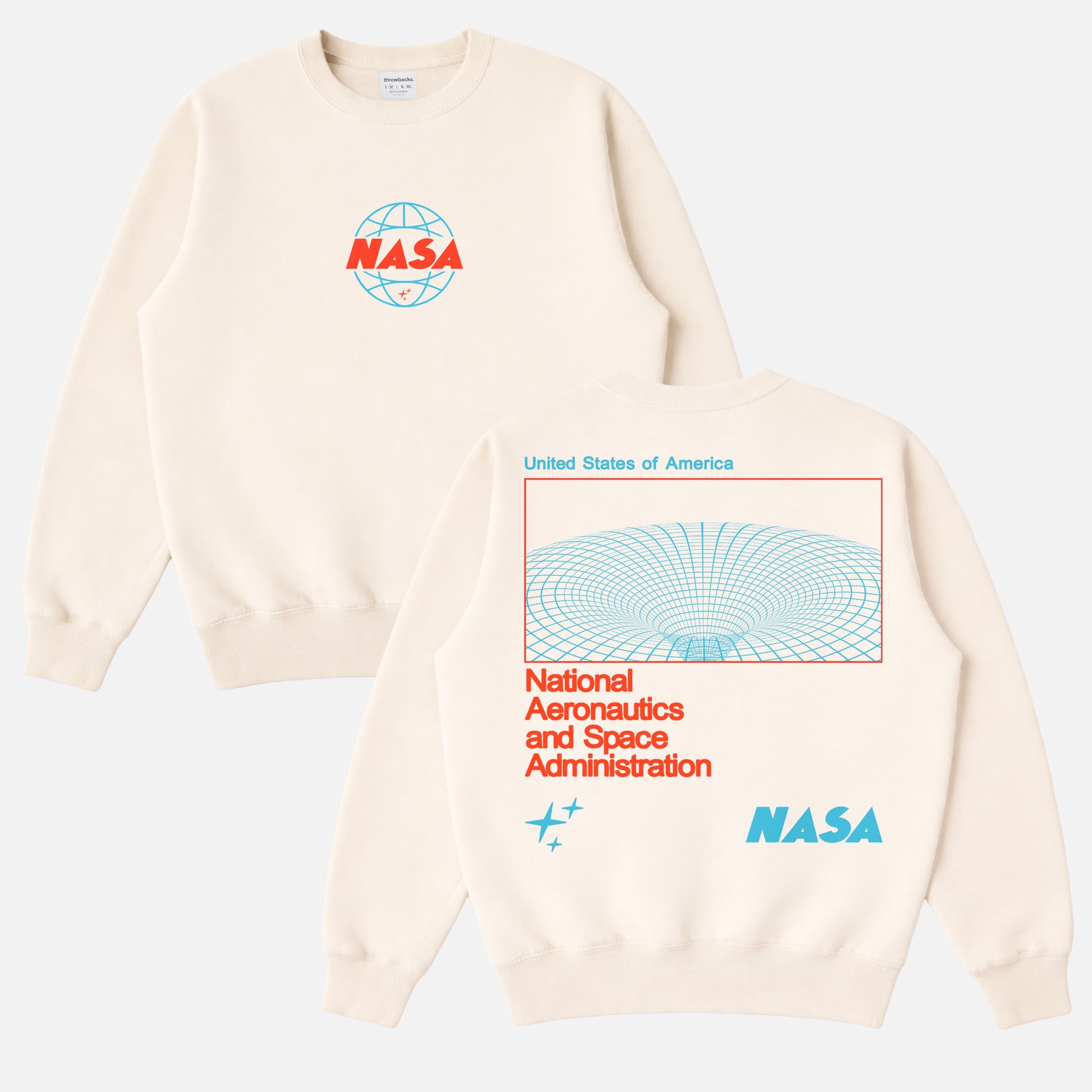 beige off white NASA  streetwear sweatshirt with front and back print, cute NASA wormhole crewneck for men and women for sale at Throwbacks