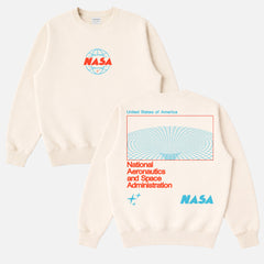 beige off white NASA  streetwear sweatshirt with front and back print, cute NASA wormhole crewneck for men and women for sale at Throwbacks