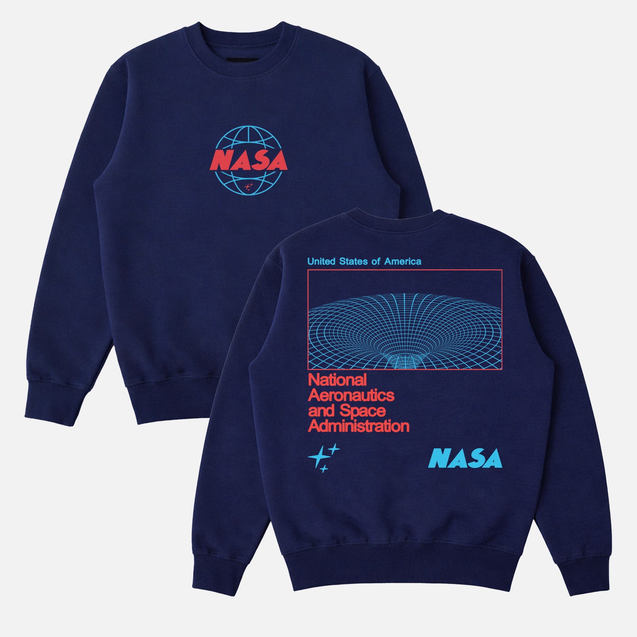 Navy and orange NASA  streetwear sweatshirt with front and back print, cute NASA wormhole crewneck for men and women for sale at Throwbacks