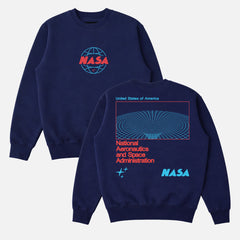 Navy and orange NASA  streetwear sweatshirt with front and back print, cute NASA wormhole crewneck for men and women for sale at Throwbacks
