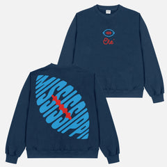 Unisex retro Ole Miss Rebels football  fan sweatshirt, navy crewneck with vintage red and light blue front and back streetwear graphics