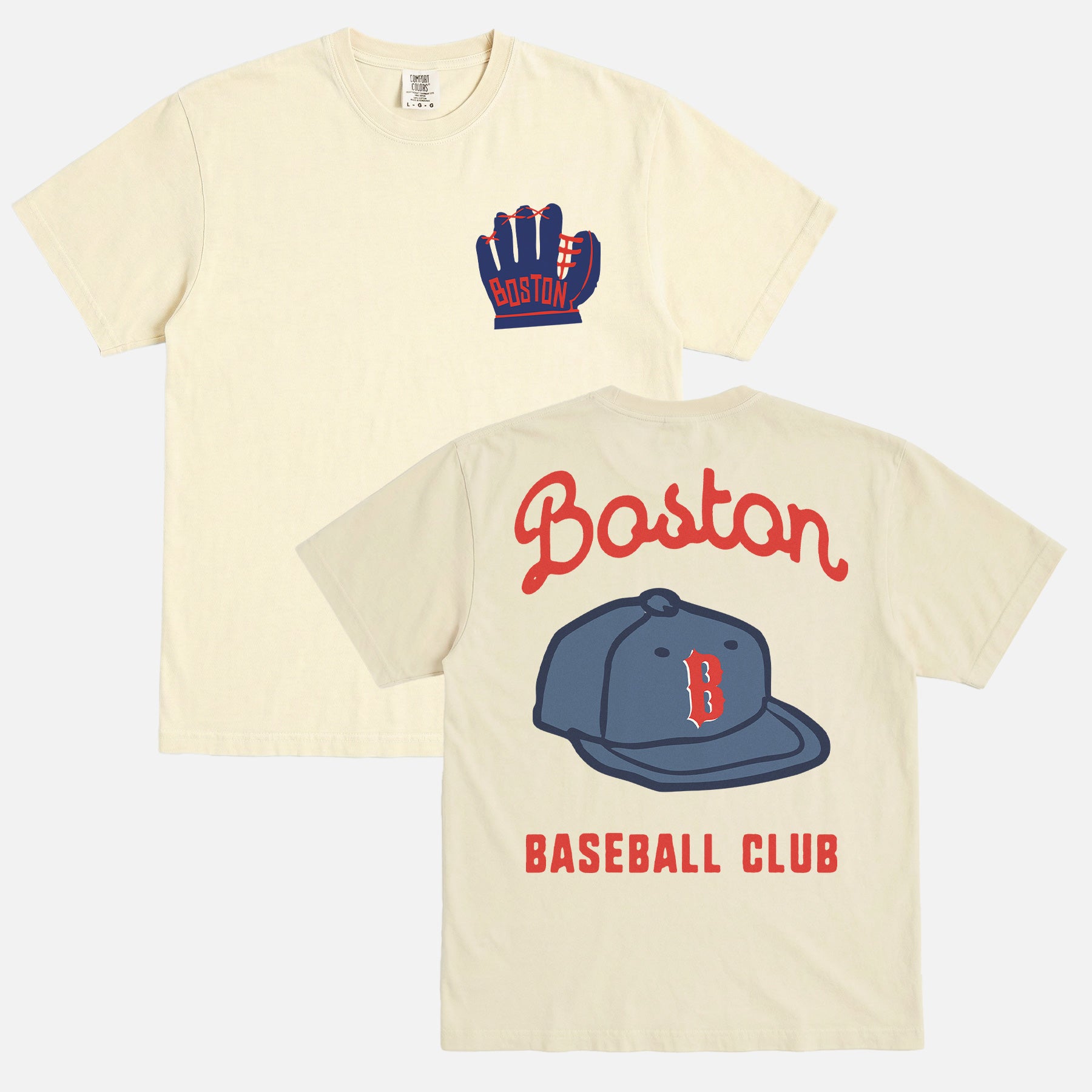 Cute vintage Boston Red Sox baseball t-shirt with retro glove and Boston hat on an off white Comfort Colors unisex graphic tee