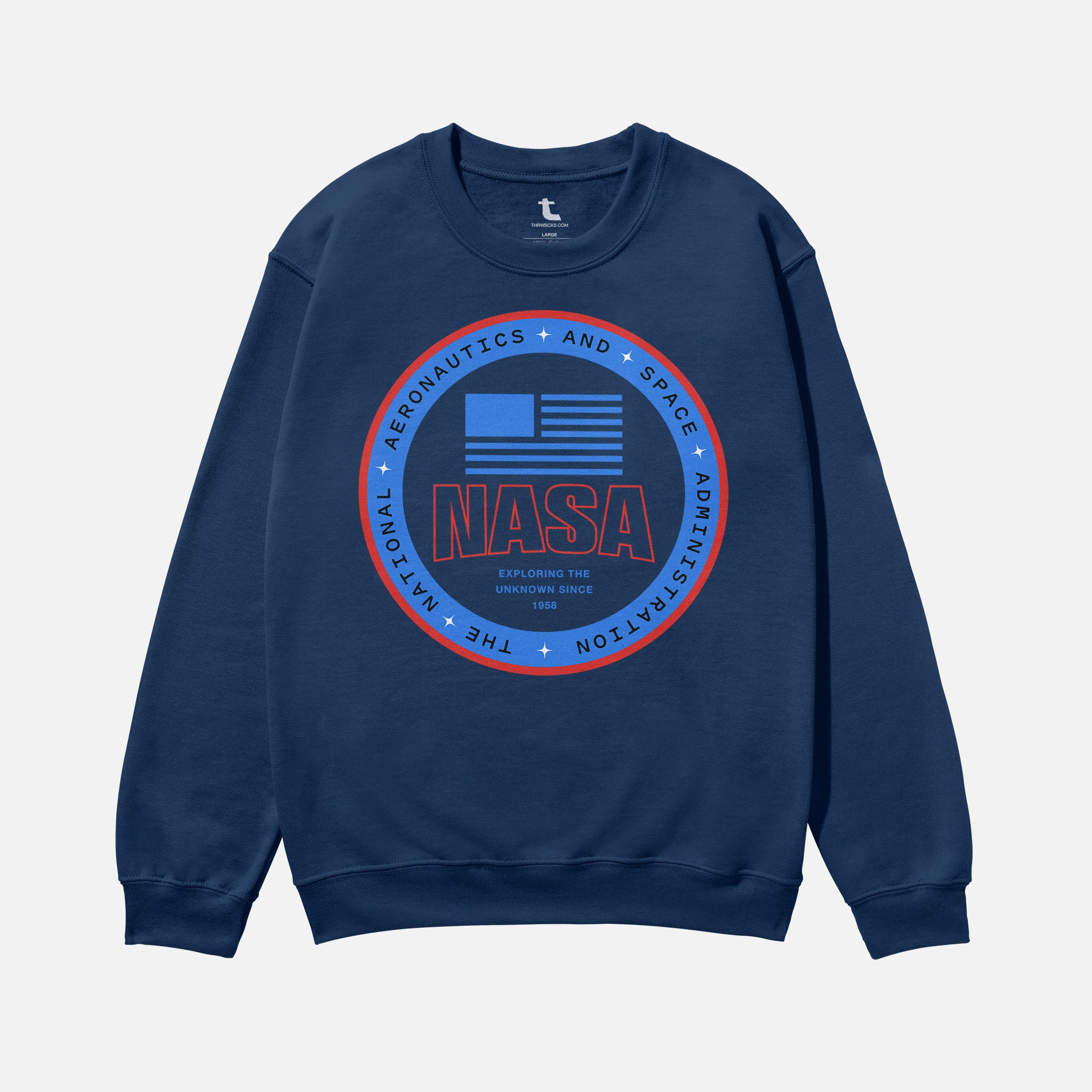 Modern navy NASA logo crewneck sweatshirt for men and women, oversized space science nerd apparel
