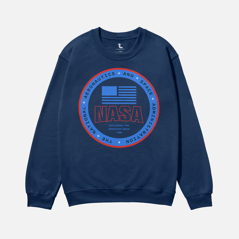 Modern navy NASA logo crewneck sweatshirt for men and women, oversized space science nerd apparel
