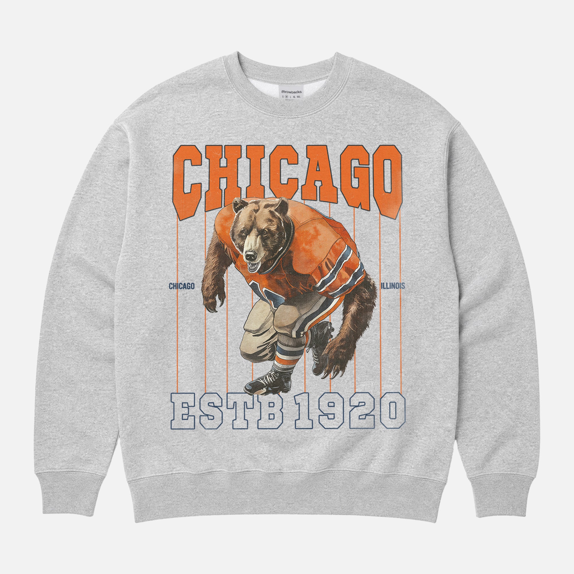 Retro heavyweight grey and orange vintage Chicago Bears heavyweight football fan crewneck sweatshirt