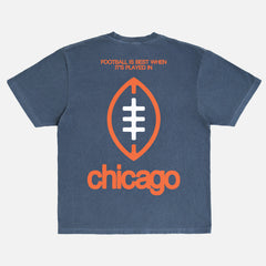 Washed navy blue comfort colors Chicago Football streetwear t-shirt with front and back print and oversized vintage Chicago Bears logo