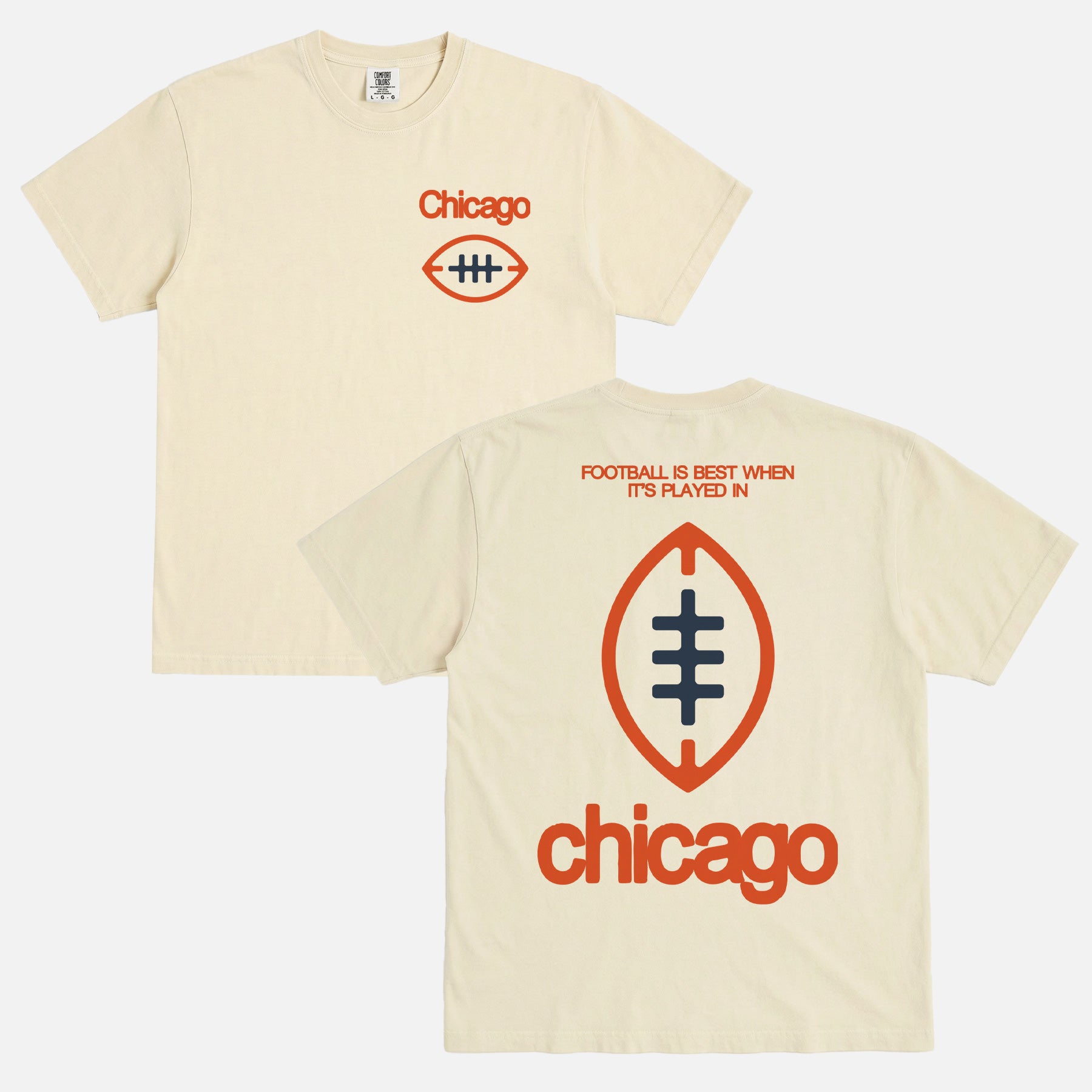 Off white comfort colors Chicago Football streetwear t-shirt with front and back print and oversized vintage Chicago Bears logo