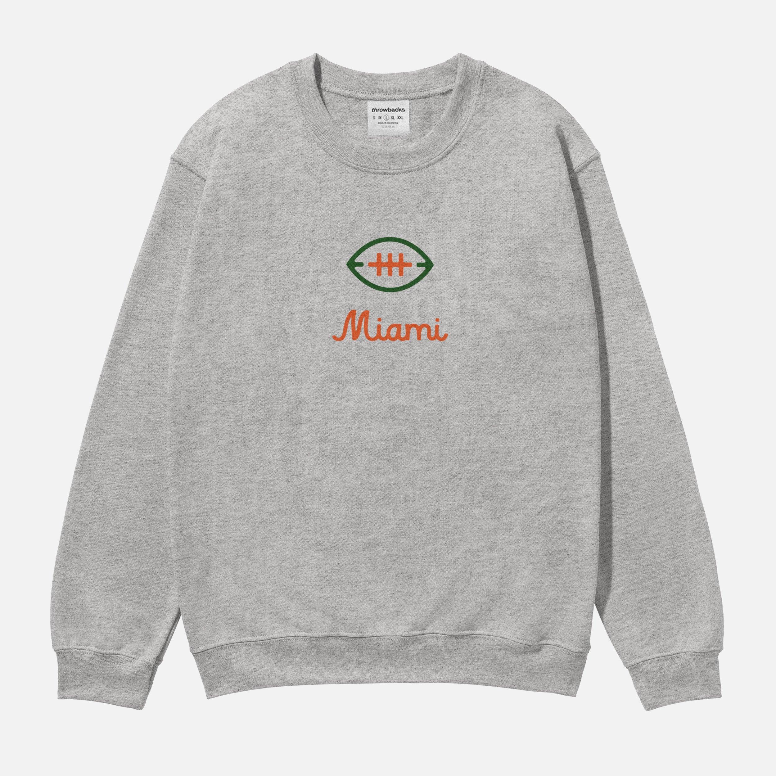 Retro Miami Hurricanes heavyweight football streetwear sweatshirt in grey with front and back orange and green print