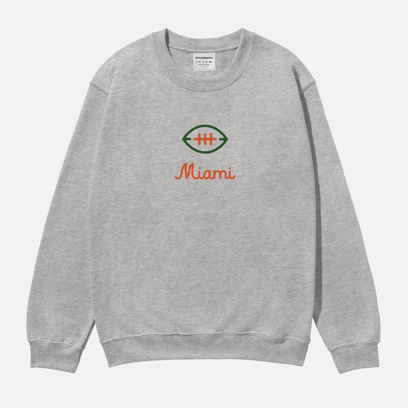 Retro Miami Hurricanes heavyweight football streetwear sweatshirt in grey with front and back orange and green print