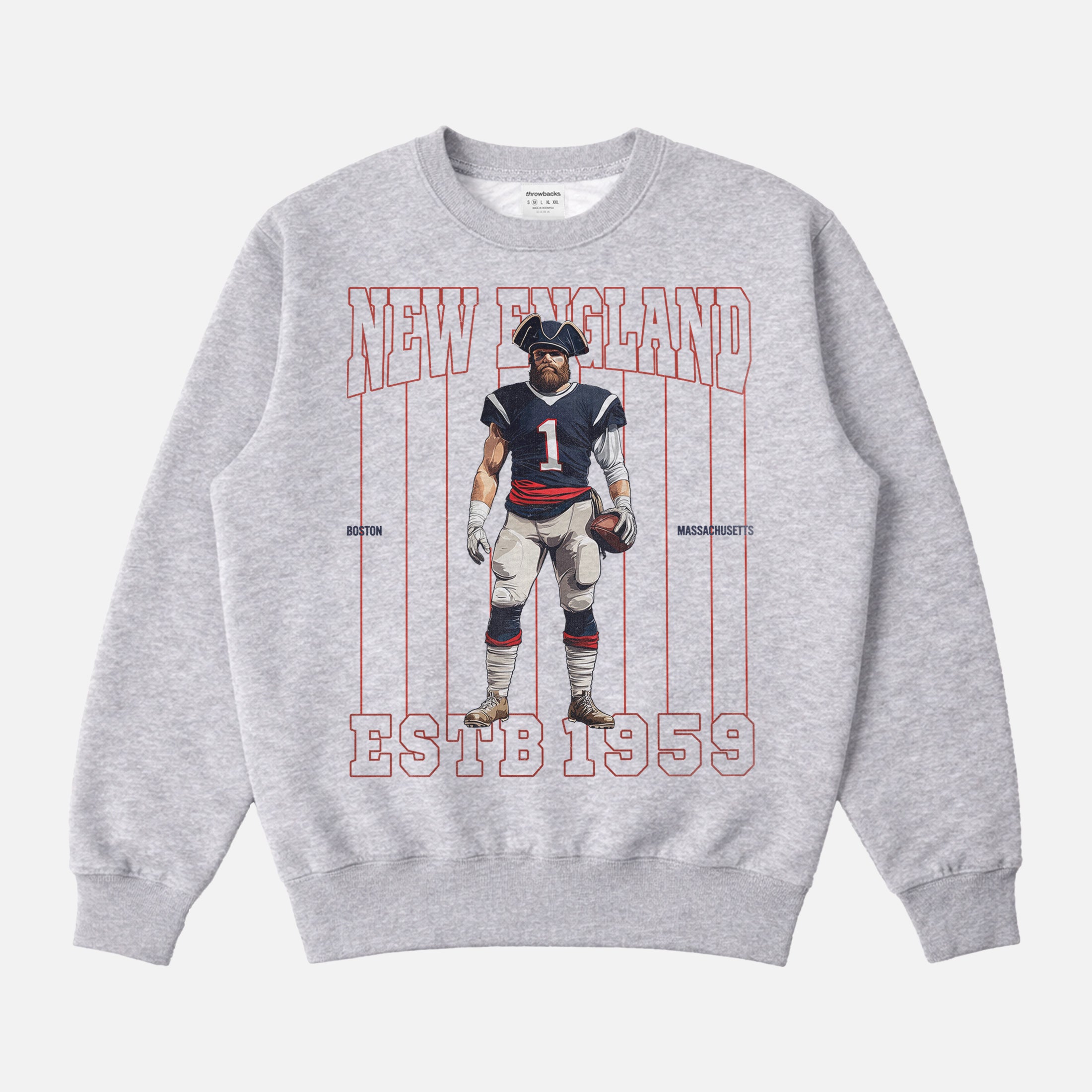 New England Patriots football mascot heavyweight sweatshirt, retro grey crewneck for Boston sports fans