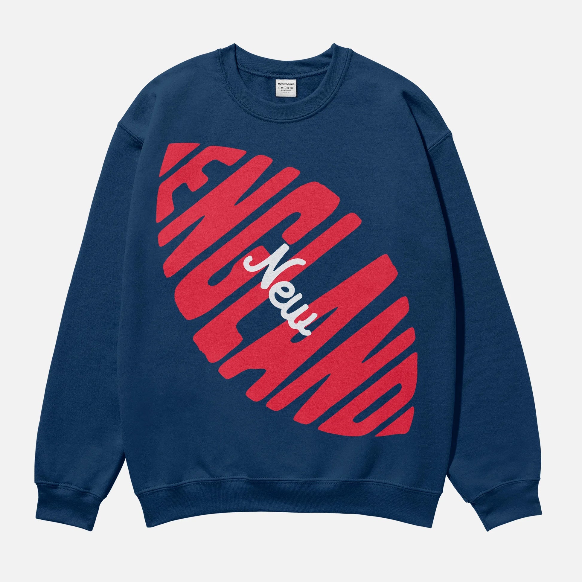 Cute vintage NEw England patriots football sweatshirt in navy with large oversized red and white graphic on a heavyweight crewneck for men and women