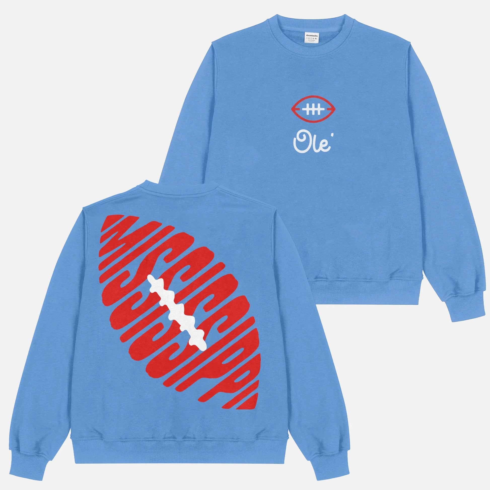 Cute retro Ole Miss Rebels football sweatshirt, light blue unisex crewneck with vintage red front and back streetwear graphics
