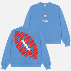 Cute retro Ole Miss Rebels football sweatshirt, light blue unisex crewneck with vintage red front and back streetwear graphics