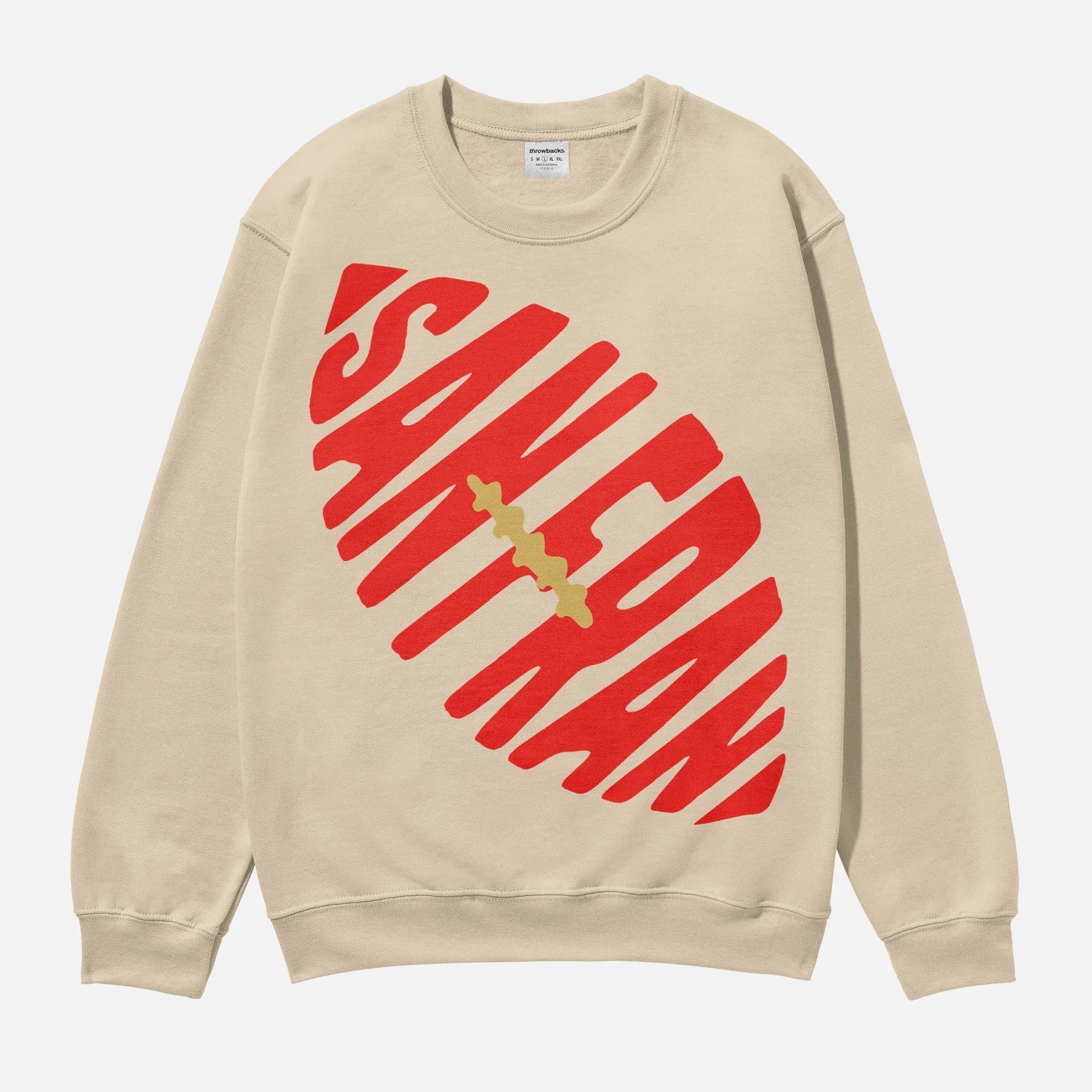 Retro heavyweight beige San Francisco 49ers football sweatshirt with red and gold oversized graphic for men and women