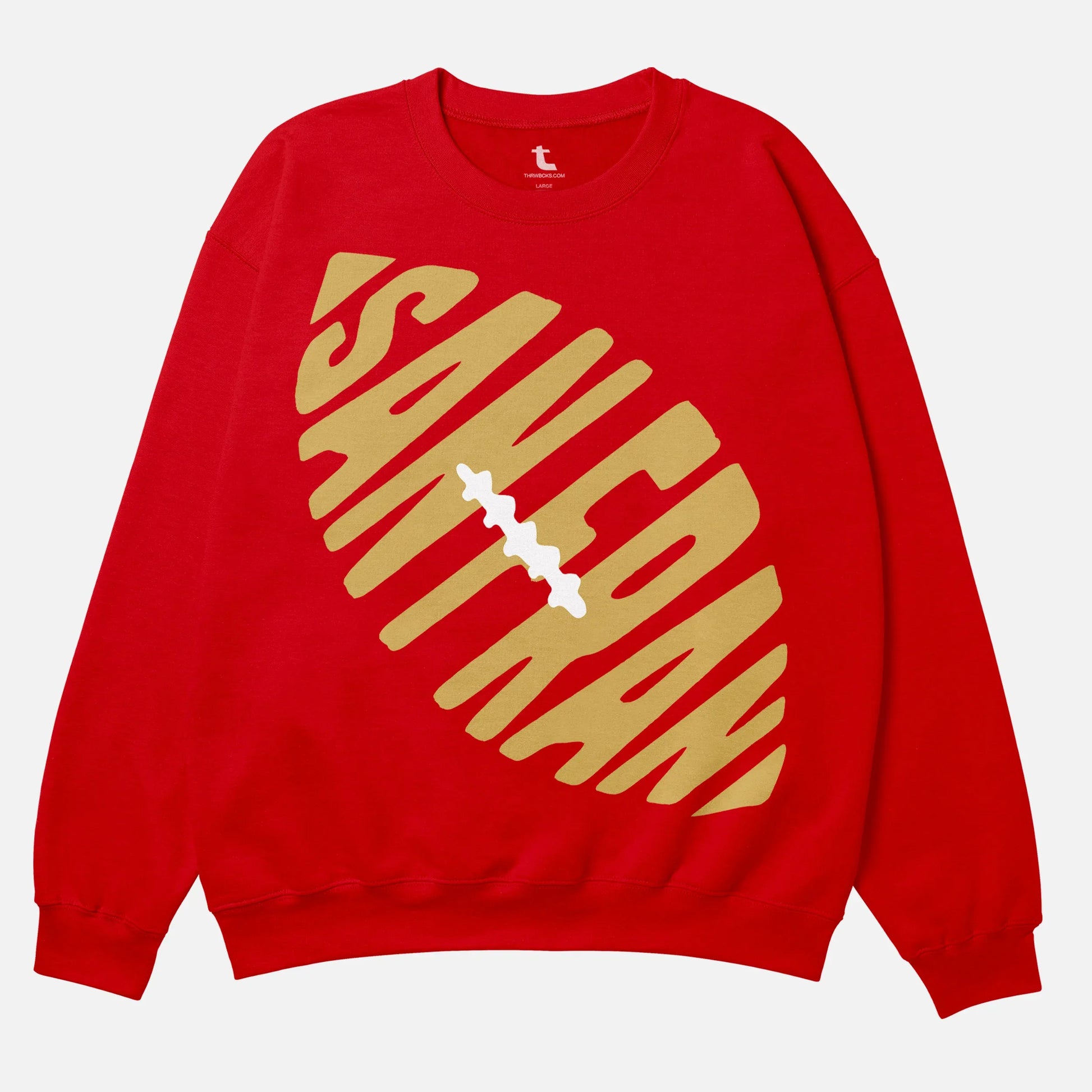 Vintage old school heavyweight red San Francisco 49ers football sweatshirt with beige and gold oversized graphic for men and women