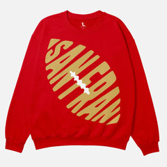 Vintage old school heavyweight red San Francisco 49ers football sweatshirt with beige and gold oversized graphic for men and women