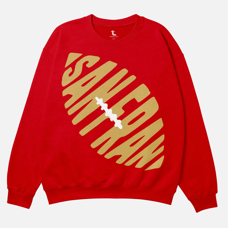 Vintage old school heavyweight red San Francisco 49ers football sweatshirt with beige and gold oversized graphic for men and women