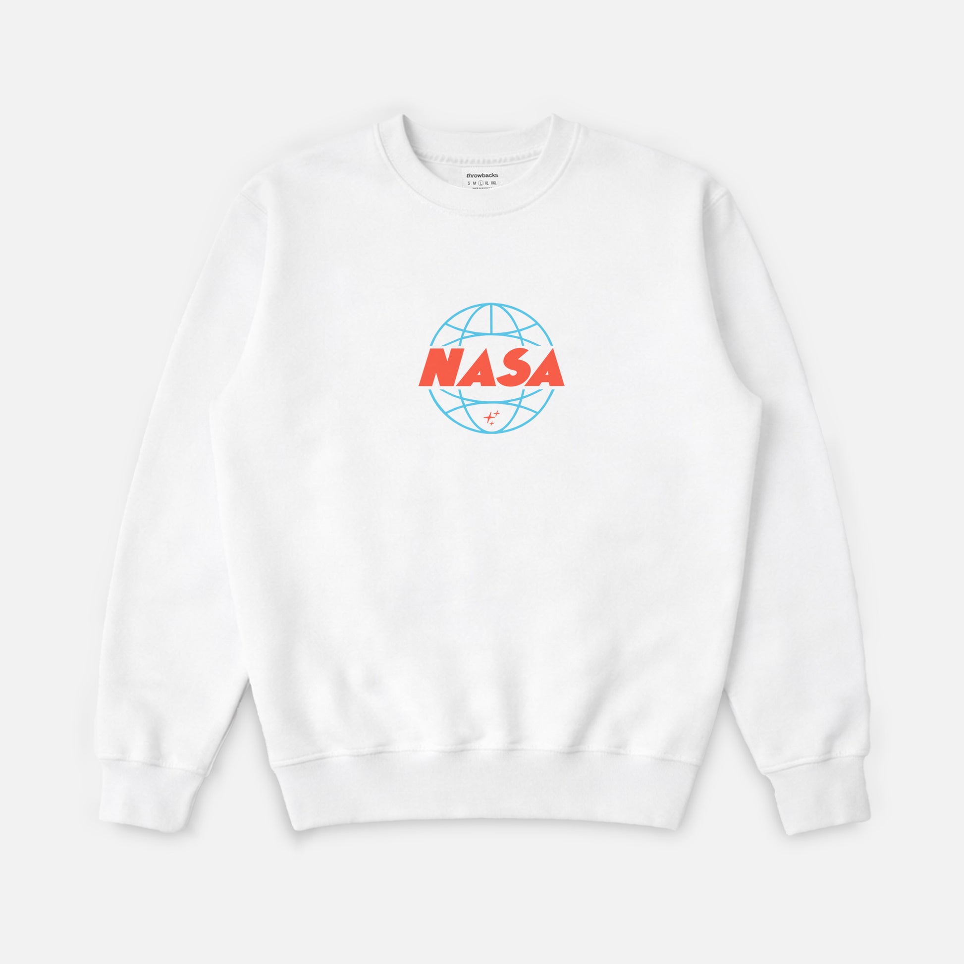 vintage white NASA  streetwear sweatshirt with front and back print, cute NASA wormhole crewneck for men and women for sale at Throwbacks