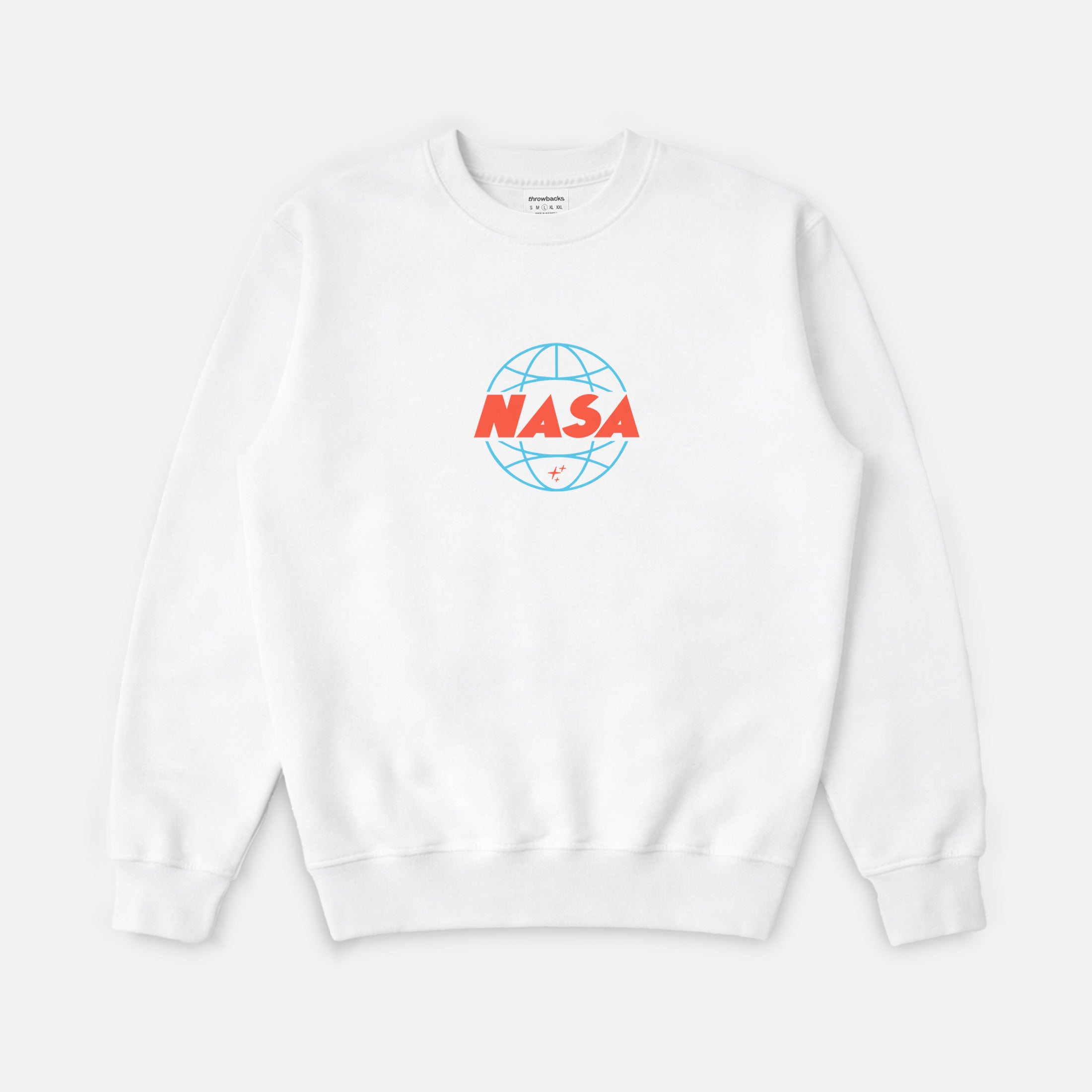 vintage white NASA  streetwear sweatshirt with front and back print, cute NASA wormhole crewneck for men and women for sale at Throwbacks