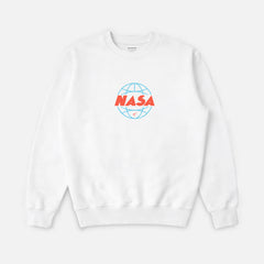 vintage white NASA  streetwear sweatshirt with front and back print, cute NASA wormhole crewneck for men and women for sale at Throwbacks