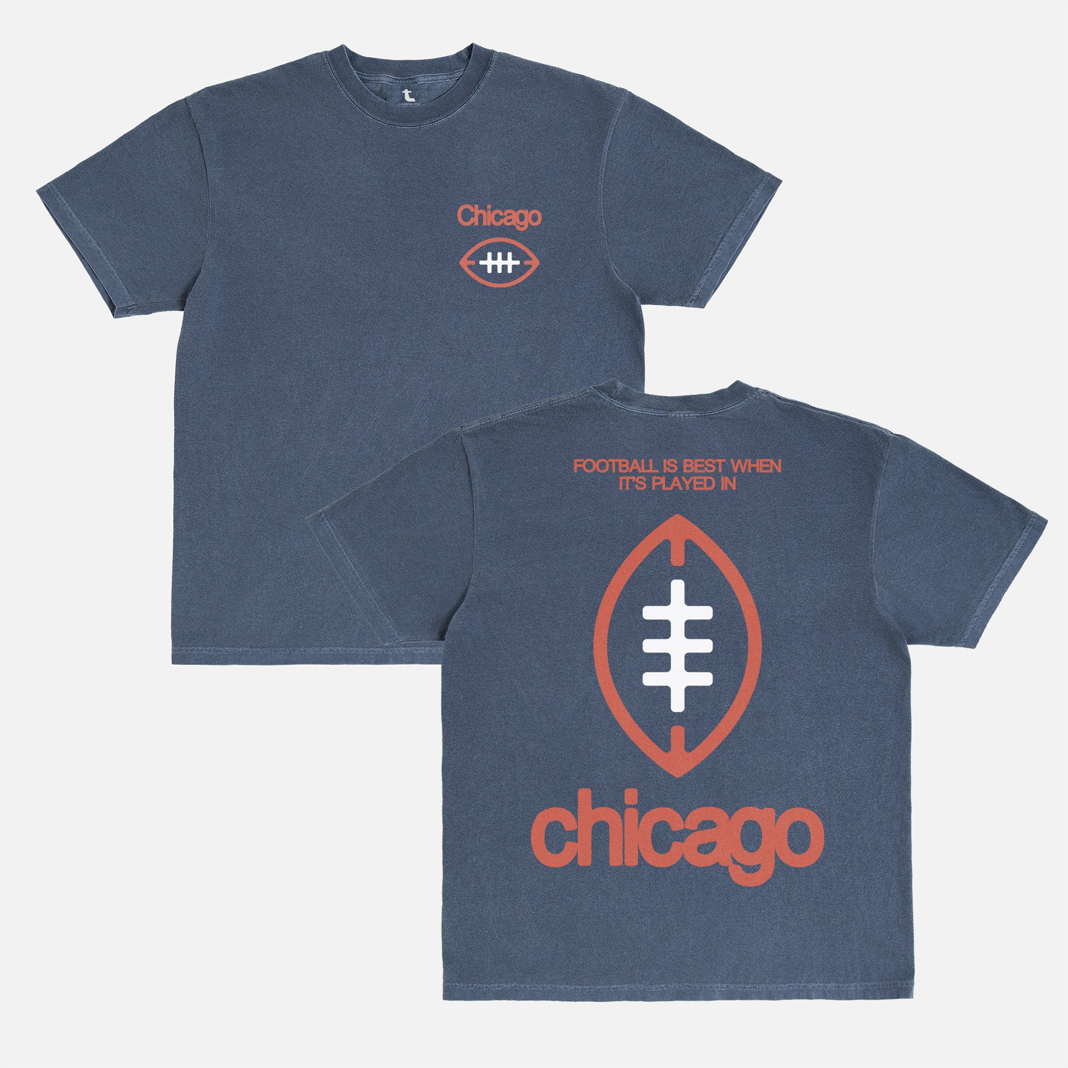 Washed navy blue and orange comfort colors Chicago Bears Football streetwear t-shirt with front and back print and oversized vintage Chicago Bears logo