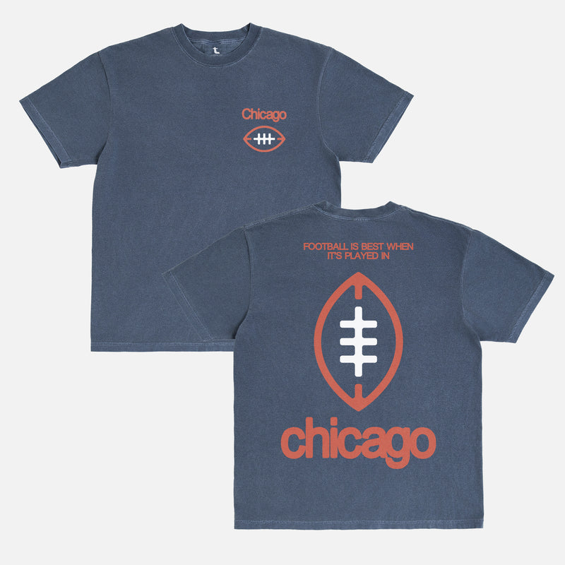 Washed navy blue and orange comfort colors Chicago Bears Football streetwear t-shirt with front and back print and oversized vintage Chicago Bears logo
