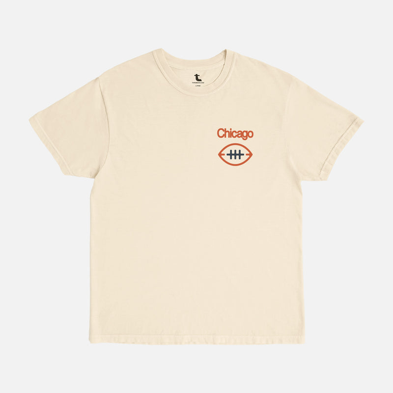 Washed beige, navy blue and orange comfort colors Chicago Bears Football streetwear t-shirt with front and back print and oversized vintage Chicago Bears logo