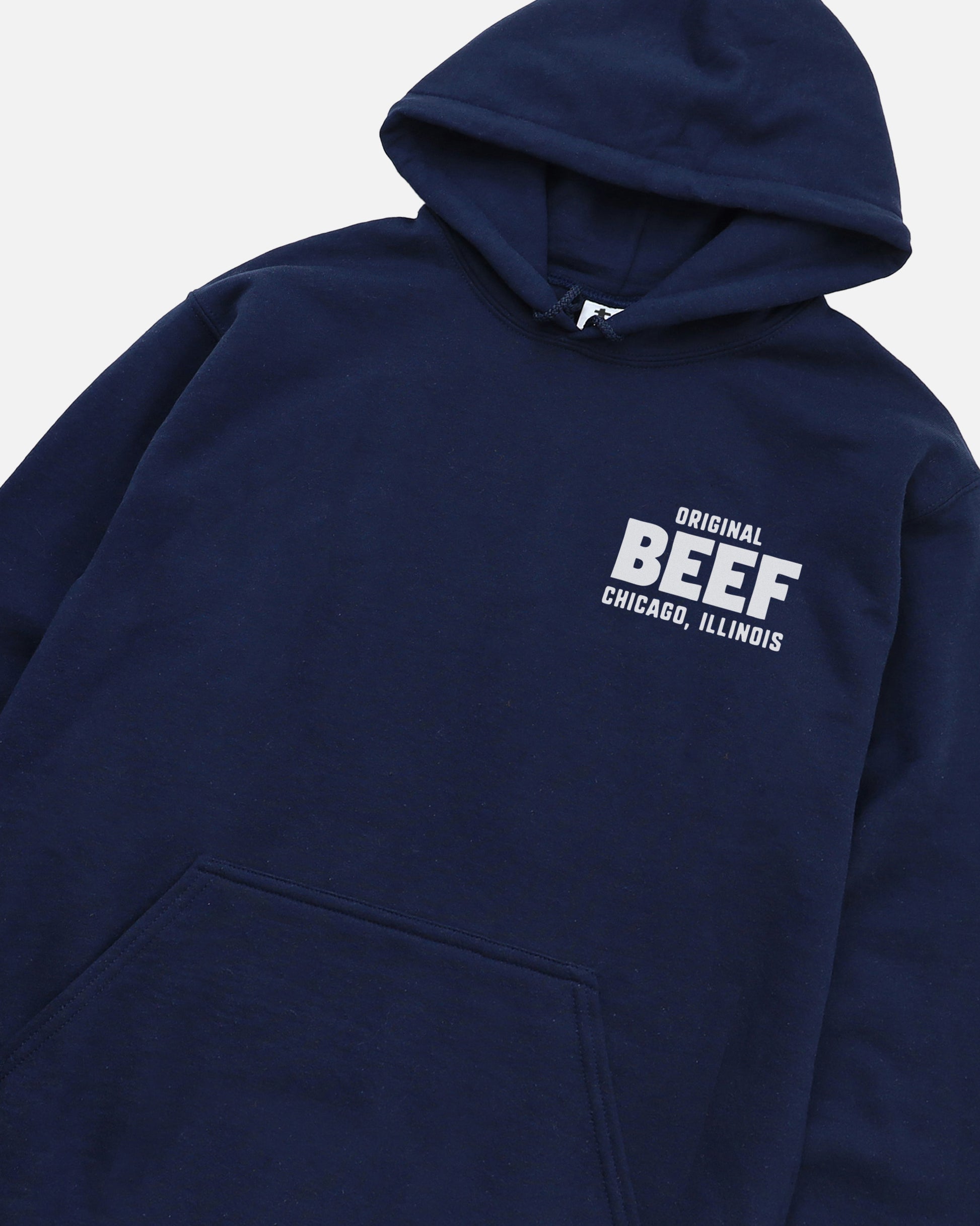 the original beef of chicgoland the bear show navy hoodie, original berf hooded sweatshirt for men and women for sale at throwbacks