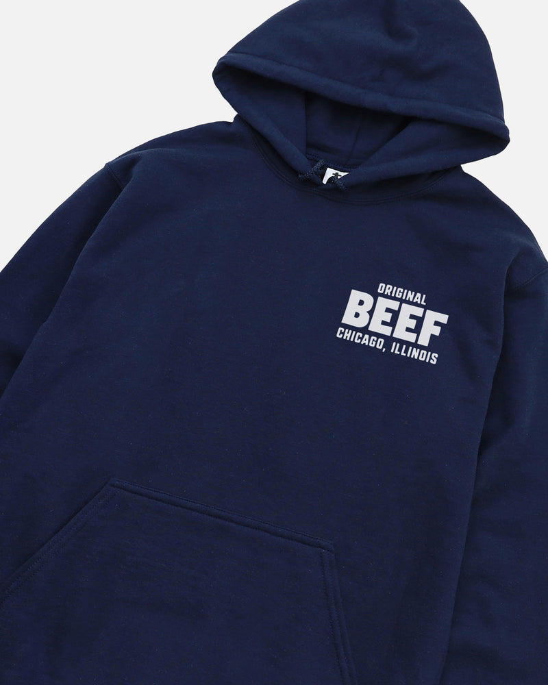 the original beef of chicgoland the bear show navy hoodie, original berf hooded sweatshirt for men and women for sale at throwbacks