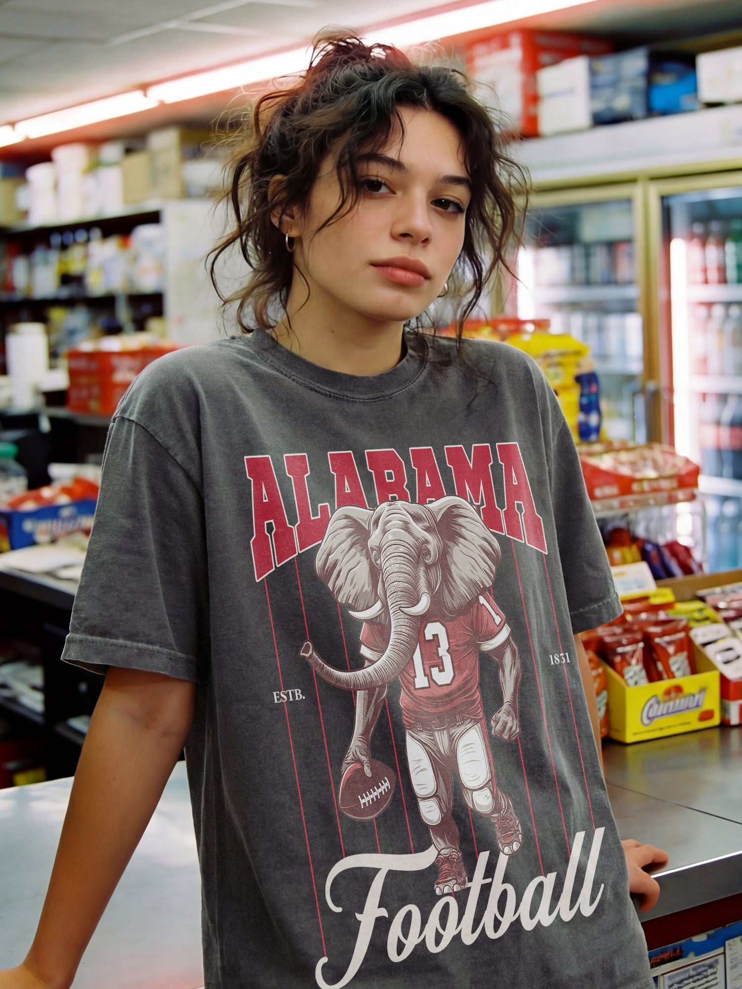 faded black oversized Alabama Crimson Tide elephant mascot graphic t-shirt for Bama football fans with retro vintage pinstripes