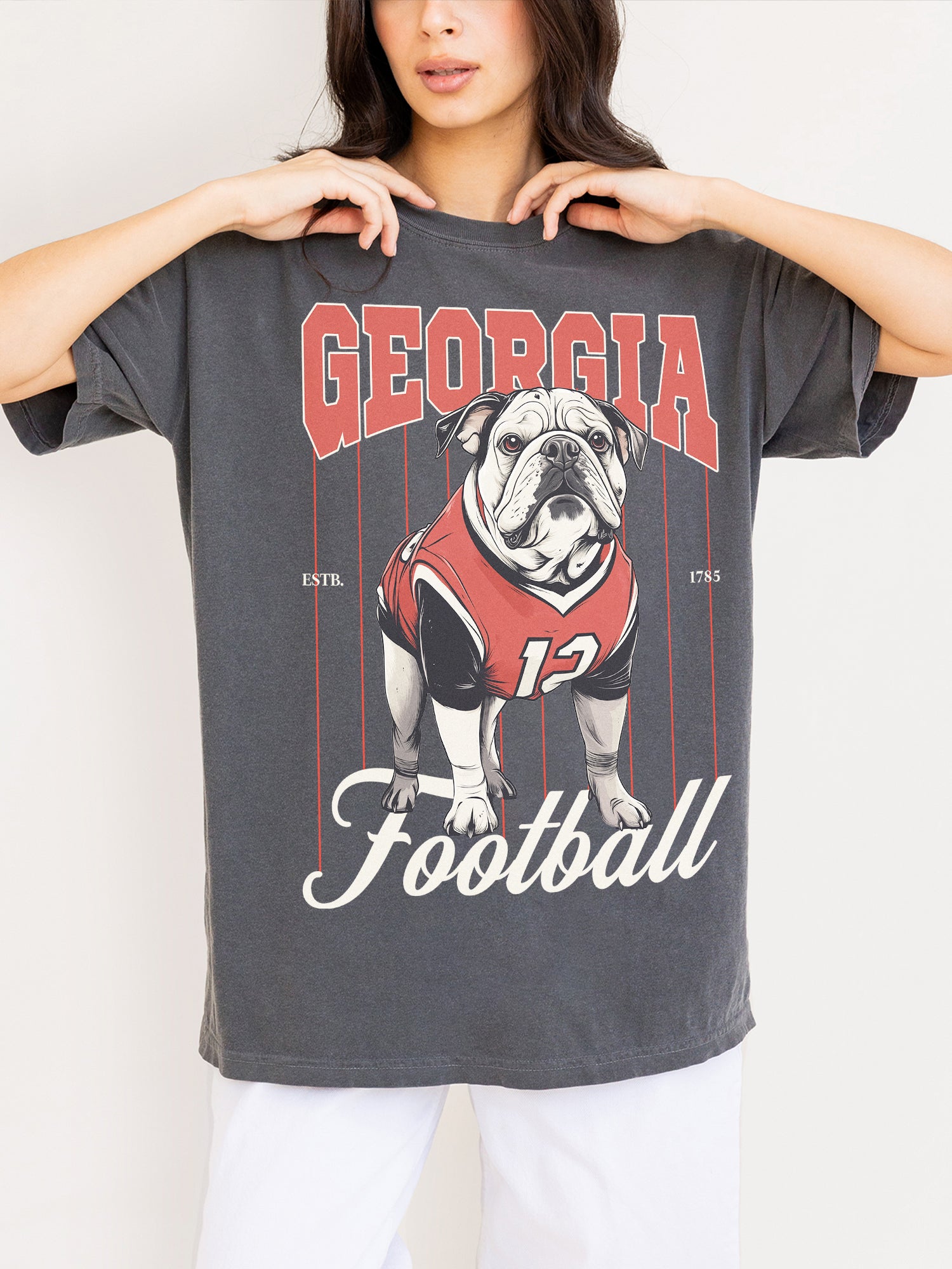 cute retro faded washed red Georgia Bulldogs graphic tee for Georgia football fans with vintage uga mascot design for men and women