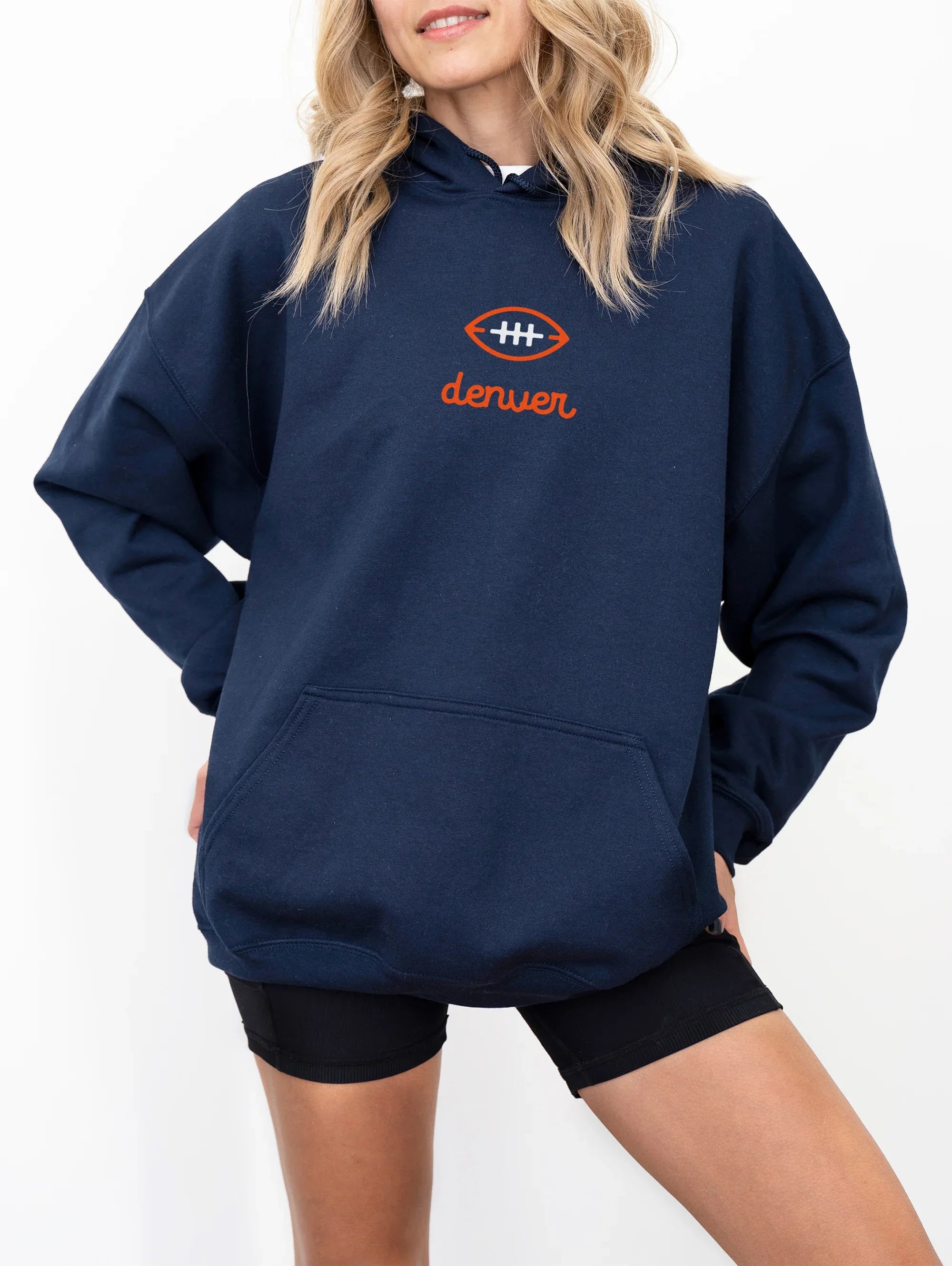 Cute navy Denver Broncos hoodie, vintage football streetwear sweatshirt for men and women for sale at Throwbacks