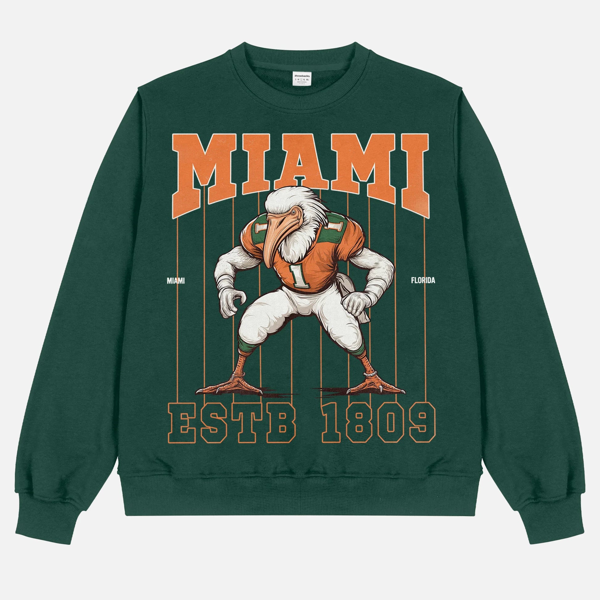 Cool old school Miami Hurricanes football sweatshirt, green heavyweight crewneck with vintage orange Seagull mascot and pinstripes