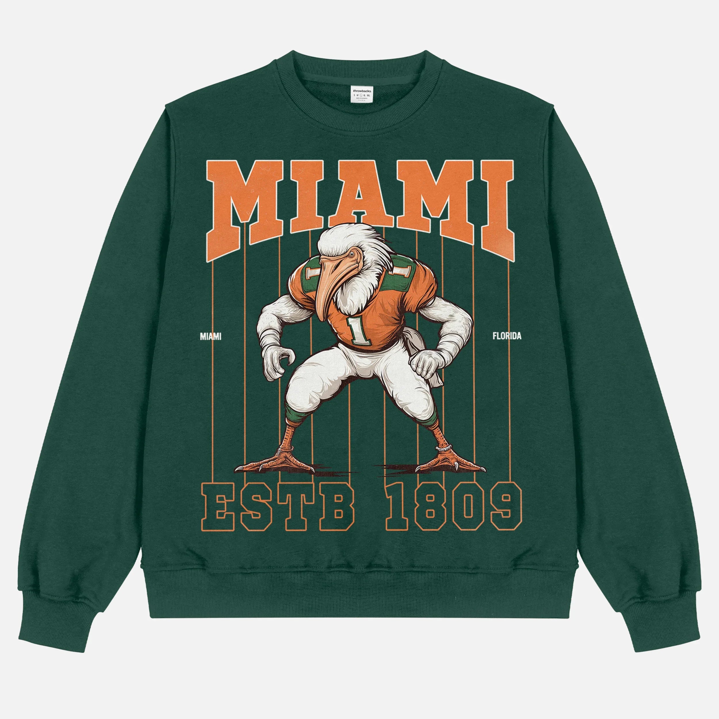 Cool old school Miami Hurricanes football sweatshirt, green heavyweight crewneck with vintage orange Seagull mascot and pinstripes