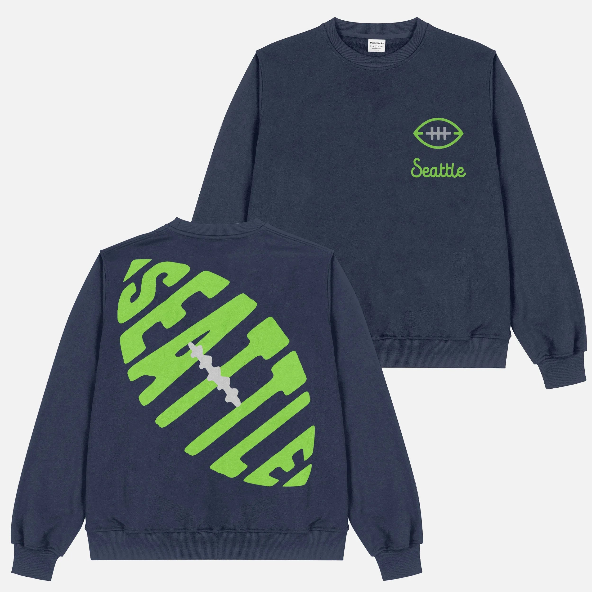 Vintage custom heavyweight Seattle Seahawks navy and lime football sweatshirt with front and back print